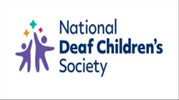 picture of two figures with hand streatched and stars above with National Deaf Children's socialety written beside